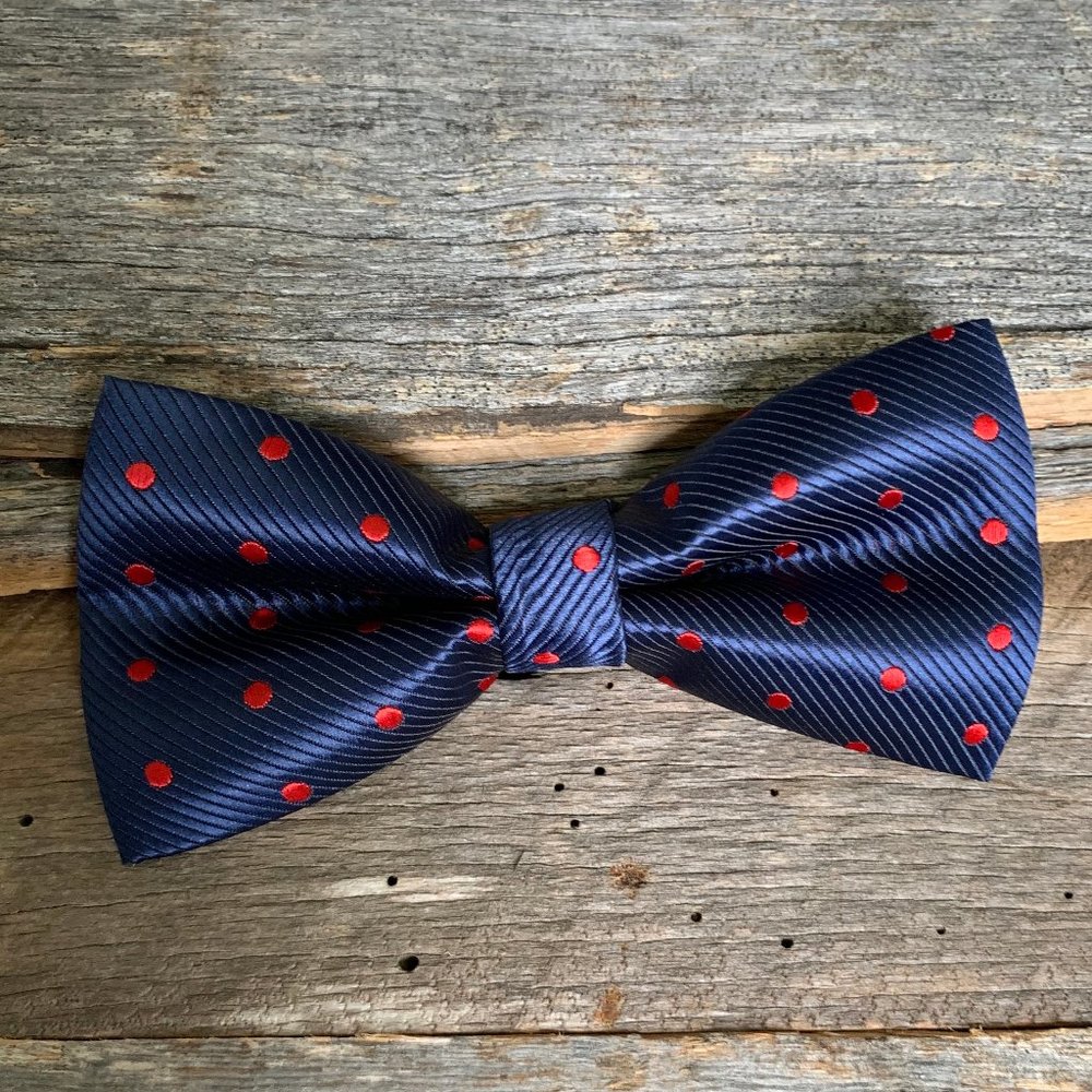Navy Bowtie with Red Polka Dots
